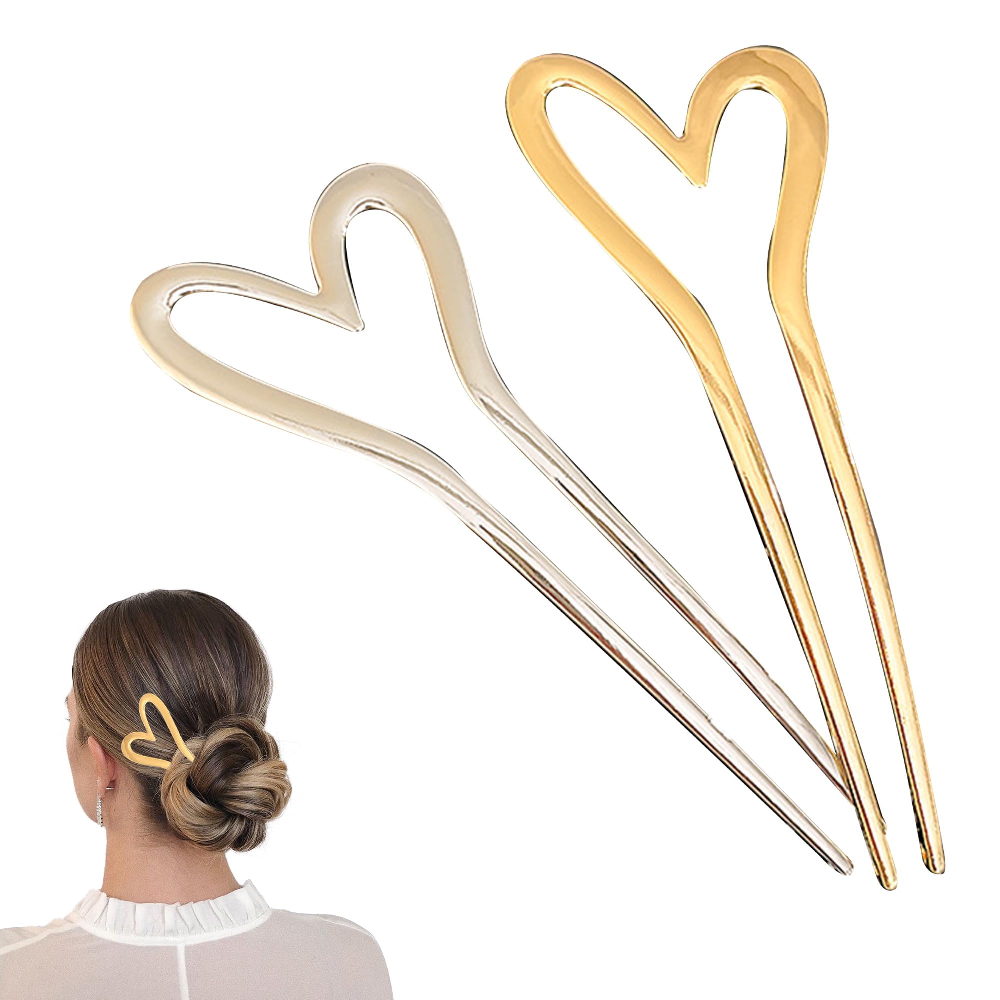 Amazon.com : 2-Pack Gold Metal U-Shaped Heart Hair Sticks